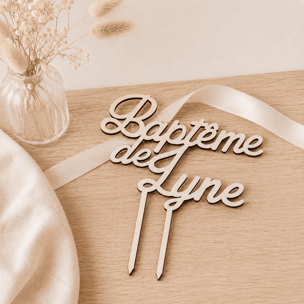 Cake topper de baptême en bois